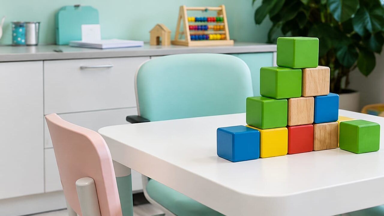 Sala de atendimento infantil com mesa, cadeiras e blocos coloridos, representando um ambiente de aprendizagem e intervenção comportamental.