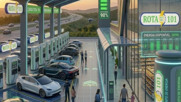 Projeção conceitual de unidade da rede Rota BR 101: estação de recarga rápida com carregadores DC, cobertura fotovoltaica e conveniência integrada ao longo do corredor da BR-101.