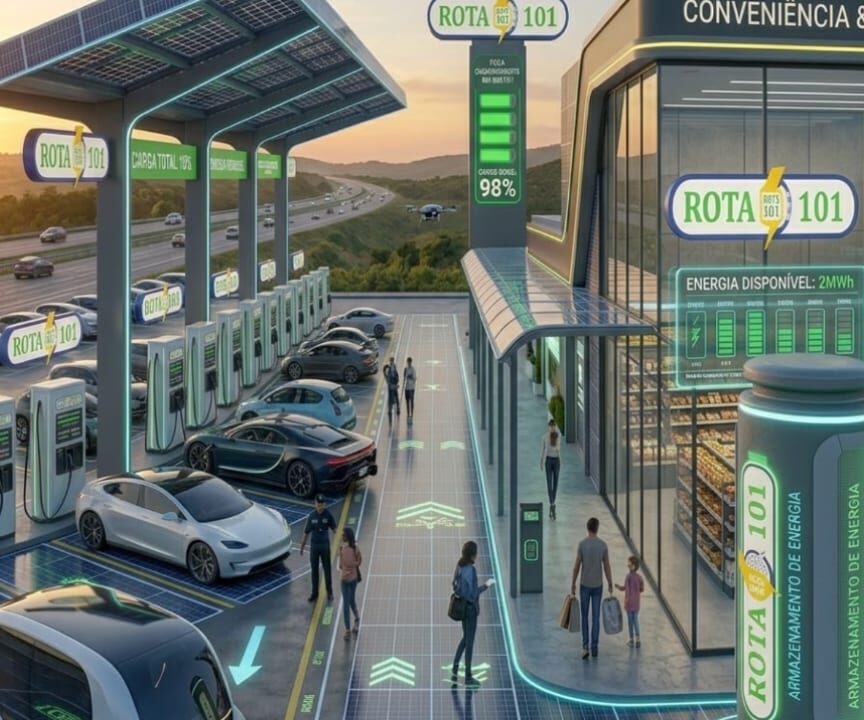 Projeção conceitual de unidade da rede Rota BR 101: estação de recarga rápida com carregadores DC, cobertura fotovoltaica e conveniência integrada ao longo do corredor da BR-101.