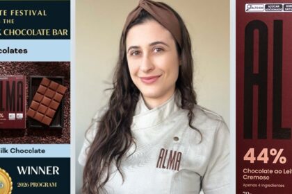 Francine Corrado, engenheira de alimentos e proprietária da ALMA Chocolates, celebra a medalha de prata na categoria chocolate ao leite do Chocolate Alliance Awards.