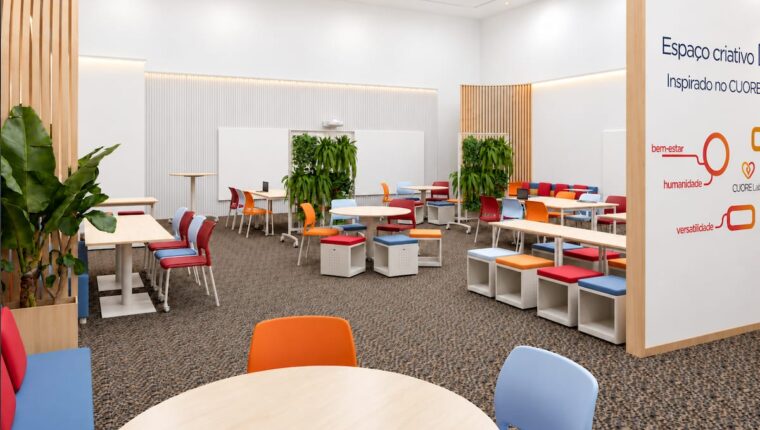CuoreLab®, conceito de ambiente educacional colaborativo que combina design ergonômico, flexibilidade, elementos naturais, tecnologia e princípios de aprendizagem ativa.